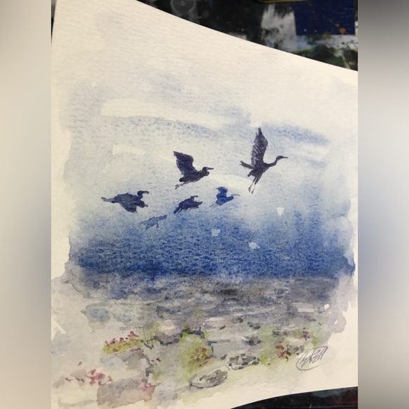 Original Watercolor Painting Blue heron art Birds Flight Home decor Artettina - Picture 4 of 7